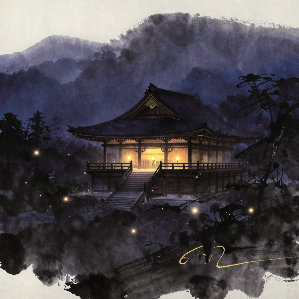 延历寺：一座平安时代风格的本堂依山而建，深色木质悬山顶前有唐破风结构，建筑孤立于山间大片空处，堂内透出三处微光象征不灭法灯