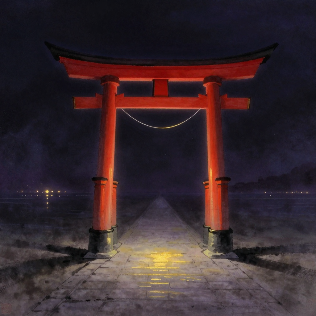 神社：一座朱红色鸟居于石阶参道入口矗立，横梁两端略上翘，悬着白色注连绳，背后是向深处延伸的砂砾道，鸟居的立柱投下细长阴影