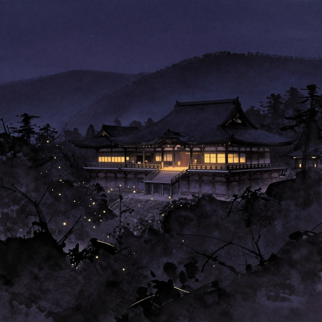 最澄：比叡山延历寺的建筑群隐现于山林之间，殿宇错落有致，山势起伏环绕，远处一座主殿的窗棂间透出一处暖意，四周归于空境