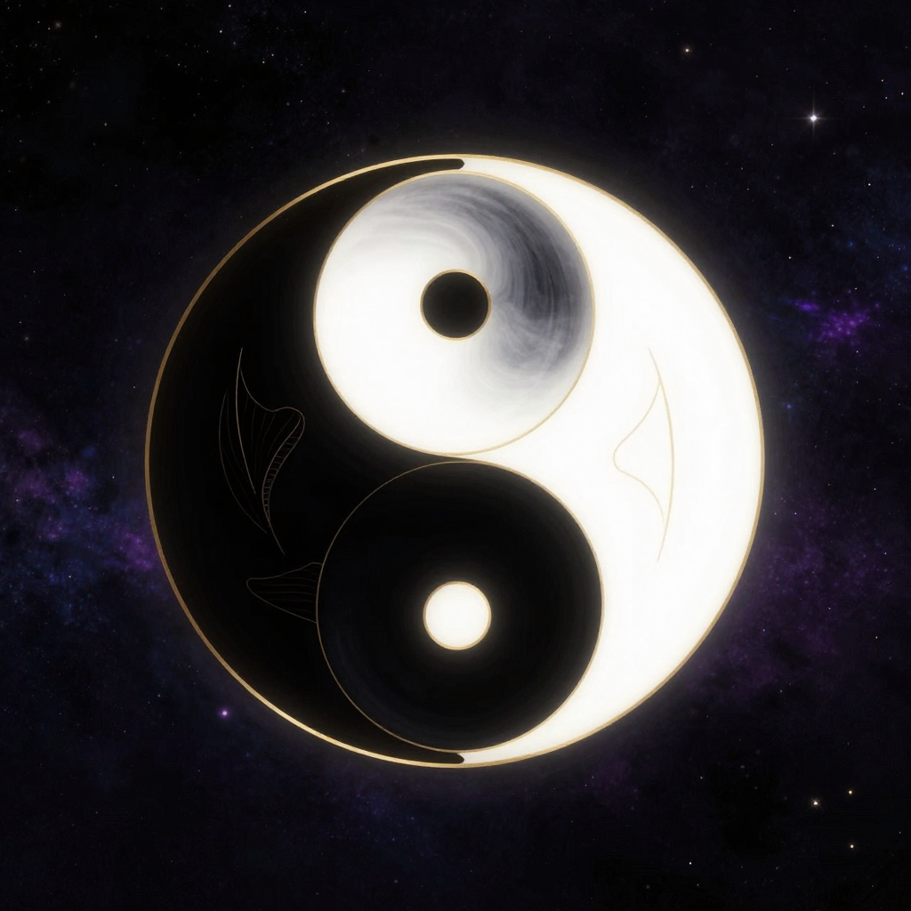 善恶：一幅完整的太极图悬于近黑背景中央，黑白双鱼以完美曲线相互环抱，黑鱼眼部的白点与白鱼眼部的黑点清晰可辨，两色交界处流动柔和