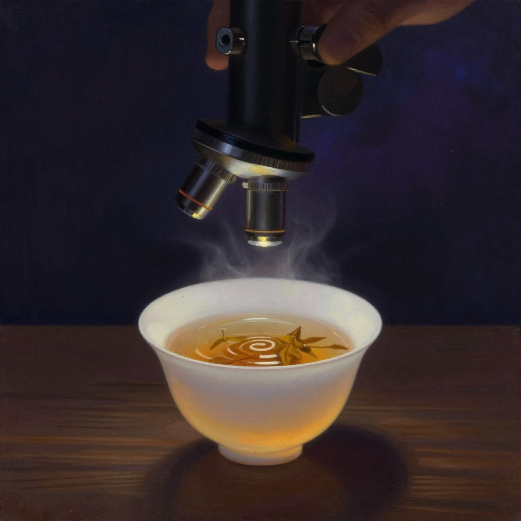 活体实验室：一只素白茶盏置于木桌上，盏中茶汤微漾，一支显微镜的物镜从画面上方垂向茶盏，焦点落在茶汤表面升腾的热气与茶叶舒展的细微动态
