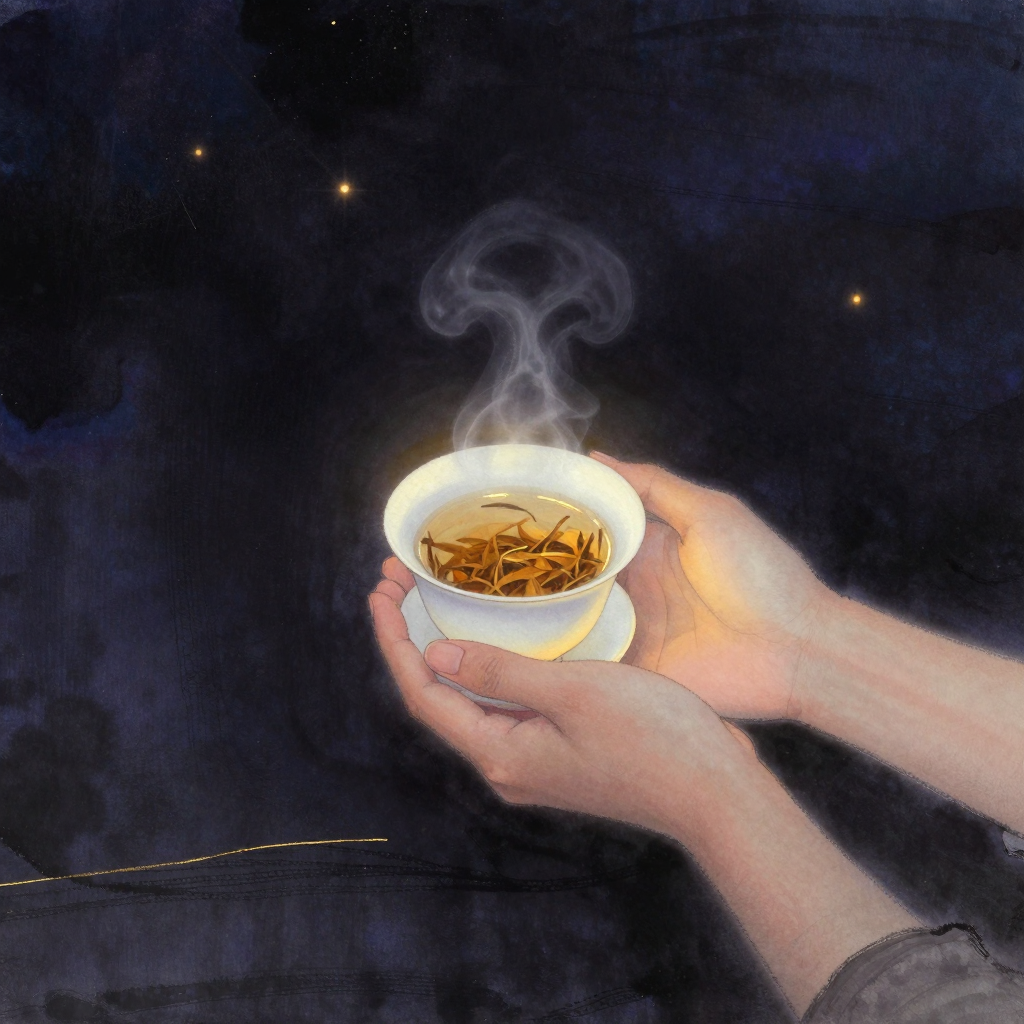 象征性行为：一双放松的手捧着白瓷茶杯，杯中茶叶在热水中渐渐舒展，水汽氤氲，四周大片空旷，茶汤表面泛着一处微光