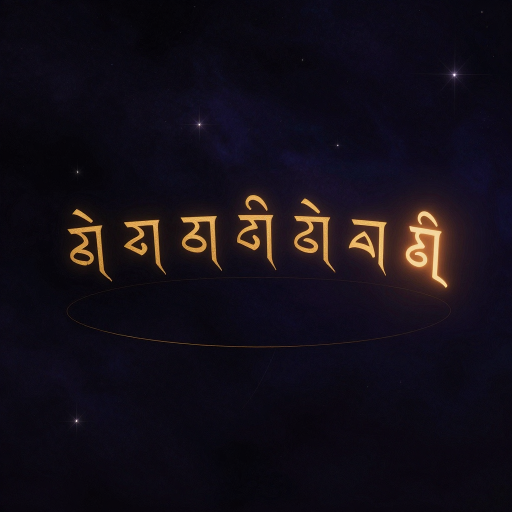观音圣号：六个藏传梵文字符ༀམཎིཔདྨེཧཱུྃ以优美弧线排列于空处，字符笔画清晰如刻，最末一字微微泛出暖意
