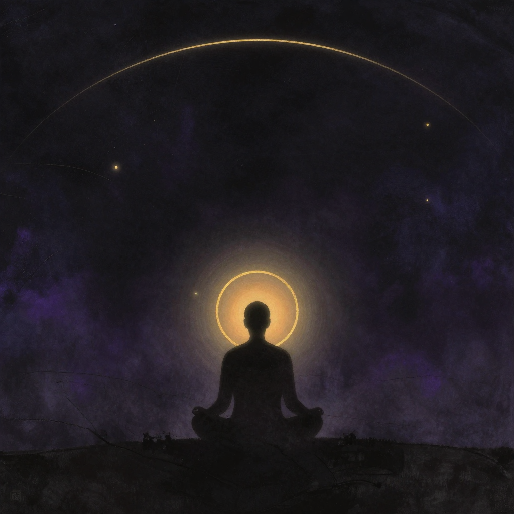 睡眠需求减少：一位盘坐冥想者的背影居于画面下半，姿态端正而放松，头顶上方浮现一道极薄的金环，环的轮廓似有若无融于空境，背景处一道细弧线
