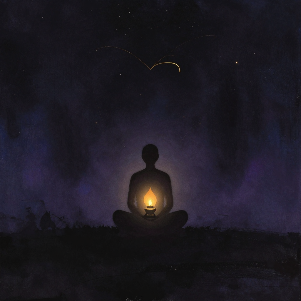 灵性权威：一个背对观者的静坐人影轮廓，在心轮处悬浮着一盏暖光油灯，灯光从内部柔和映照在周围空处，无任何外部光源
