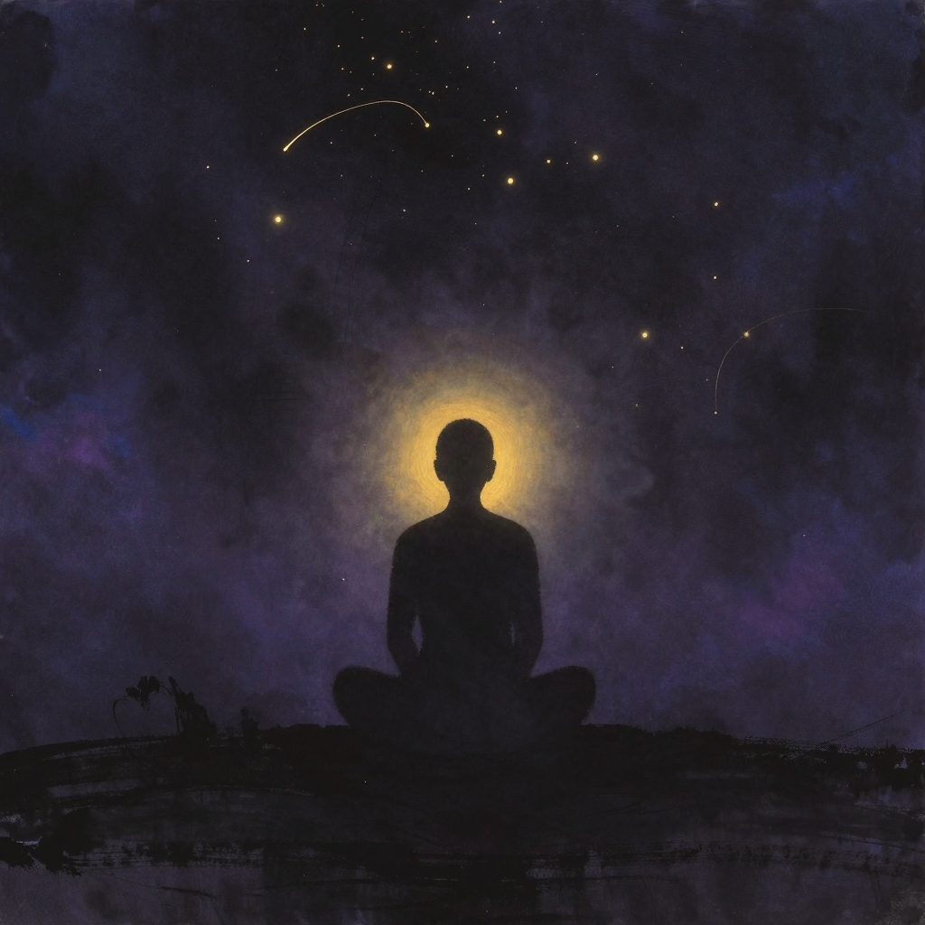 内在成人：一个微微低头的静坐者剪影处于画面正中，背部挺直而不僵硬，双手自然垂落膝上，前额区域有一处微光透出，四周归于大片空处