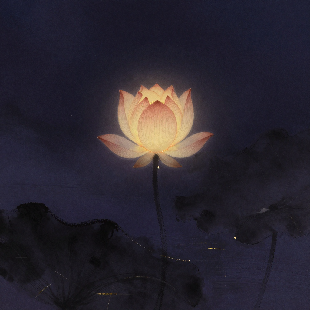 Yogācāra：一朵含苞待放的莲花立于近水处，花瓣微拢如未启之卷，瓣尖垂坠一滴将落未落的水珠，四周归于空境，莲苞底部透出一线极微暖意