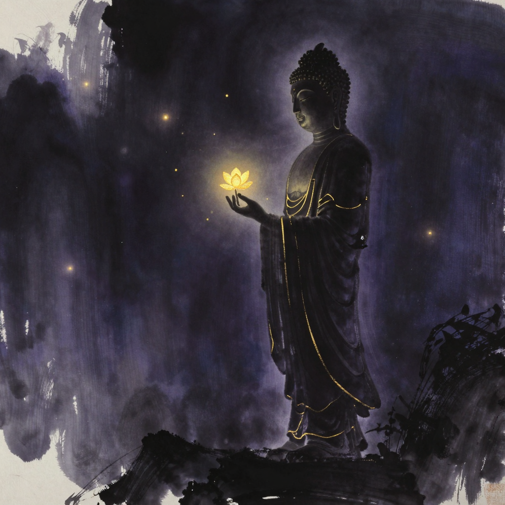 智正觉世间：佛陀侧身立于灵鹫山前，右手以拈花印轻捻一朵金婆罗花，花枝自然垂落，四周山石隐入大片空处，花瓣间透出一处微光