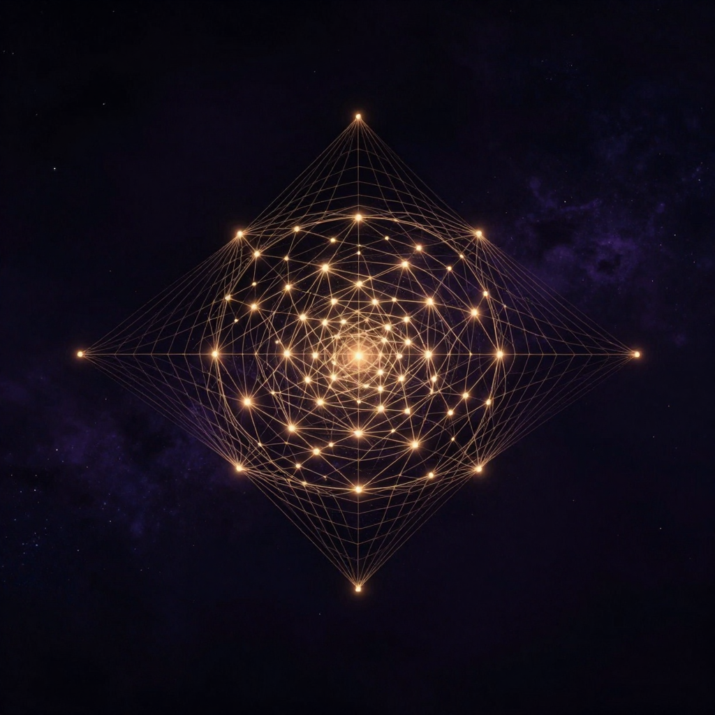 器世间：一座由半透明发光丝线精密交织成的三维网格悬浮于空处，交汇节点处有规律性微光脉动，远处隐约透出一缕极细的眉心光相，整体结构