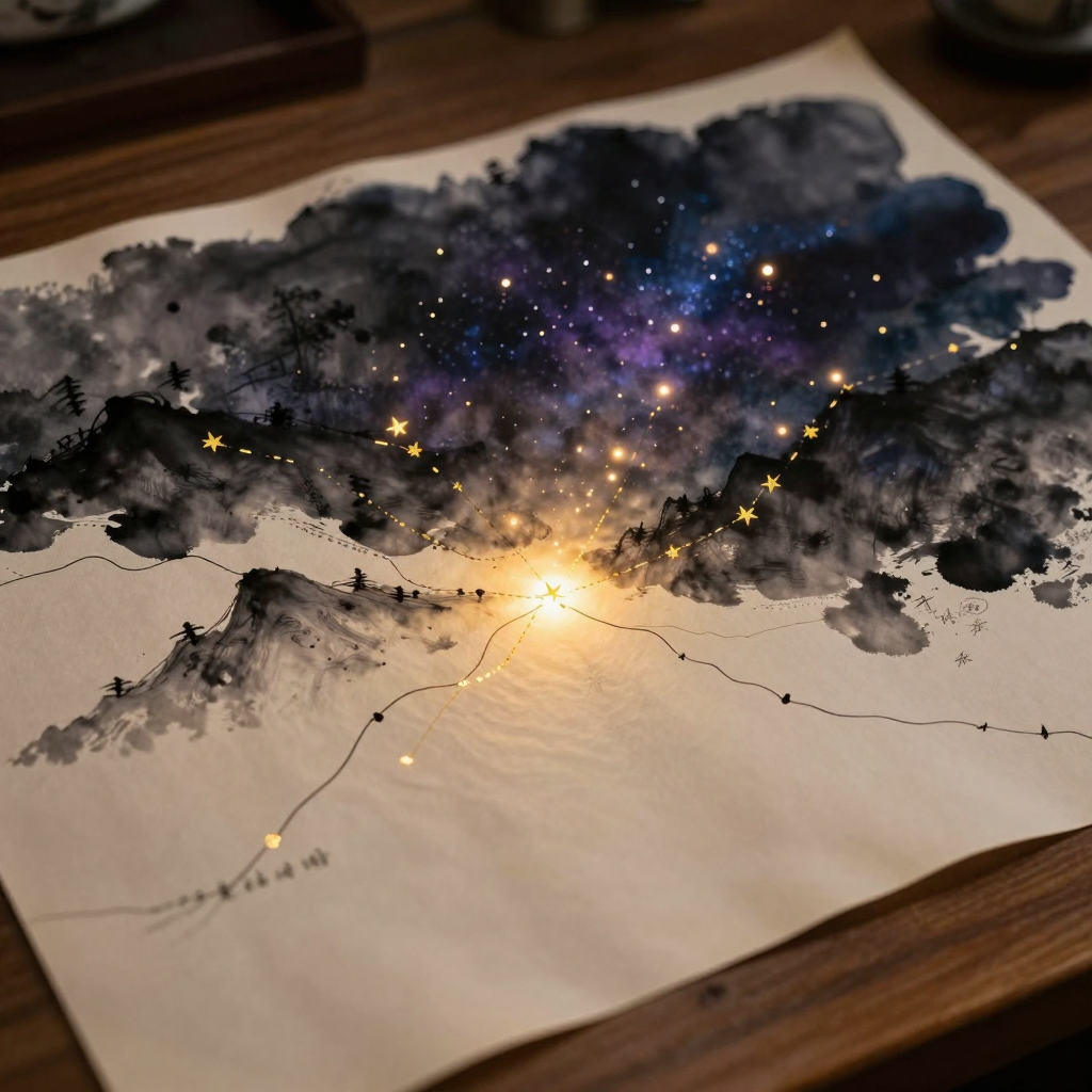 意义地图：一张泛黄的手绘地图平铺在木桌上，上面散落着星形标记（核心价值）、蜿蜒山脉（精神障碍）与虚线路径（动态探索），地图边缘渐隐