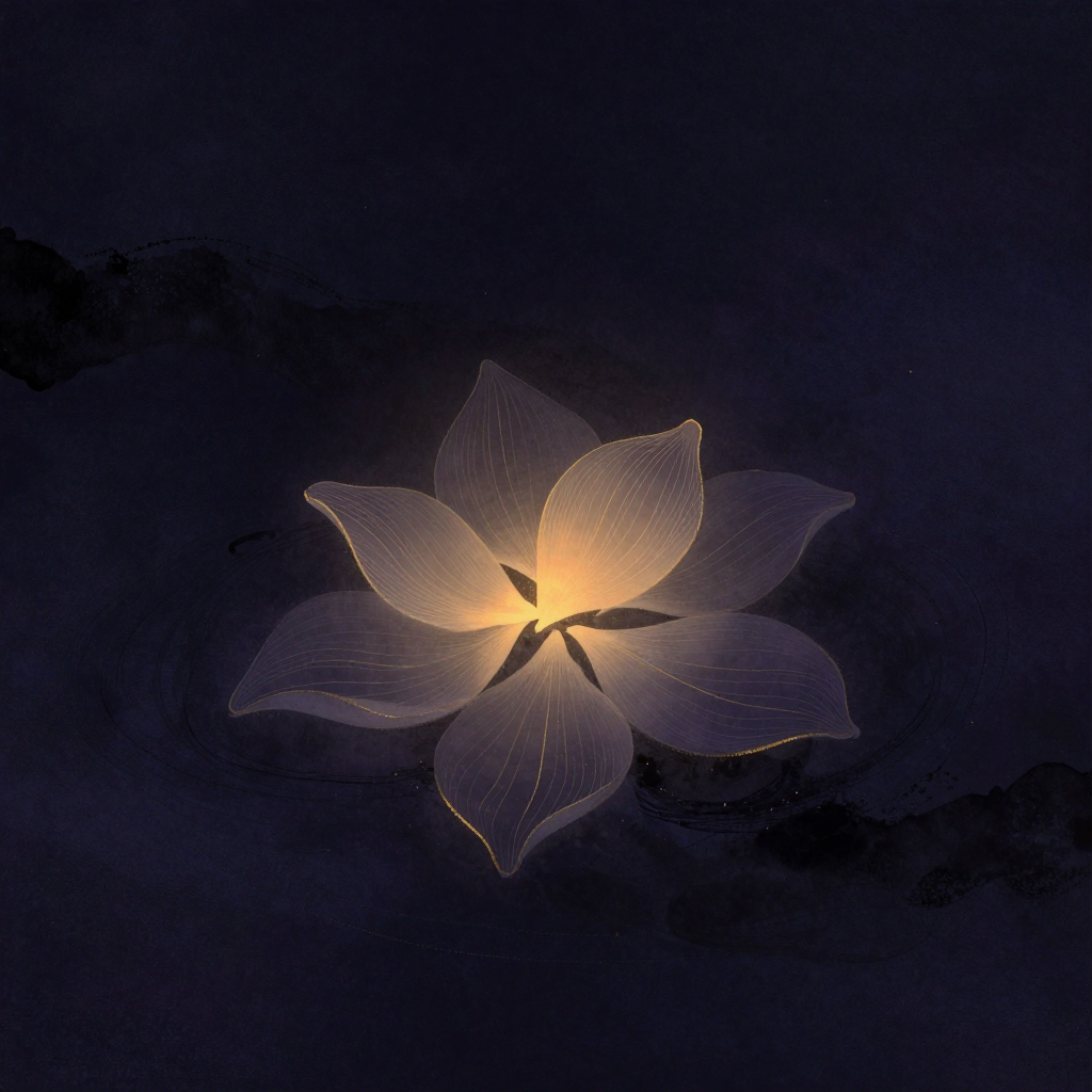 蕴相应：五片半透明花瓣呈层叠状悬浮于空，每片边缘都泛起细微波动线条暗示无常流动，花瓣间隐约可见相互映照的脉络，最上方一瓣透出一处