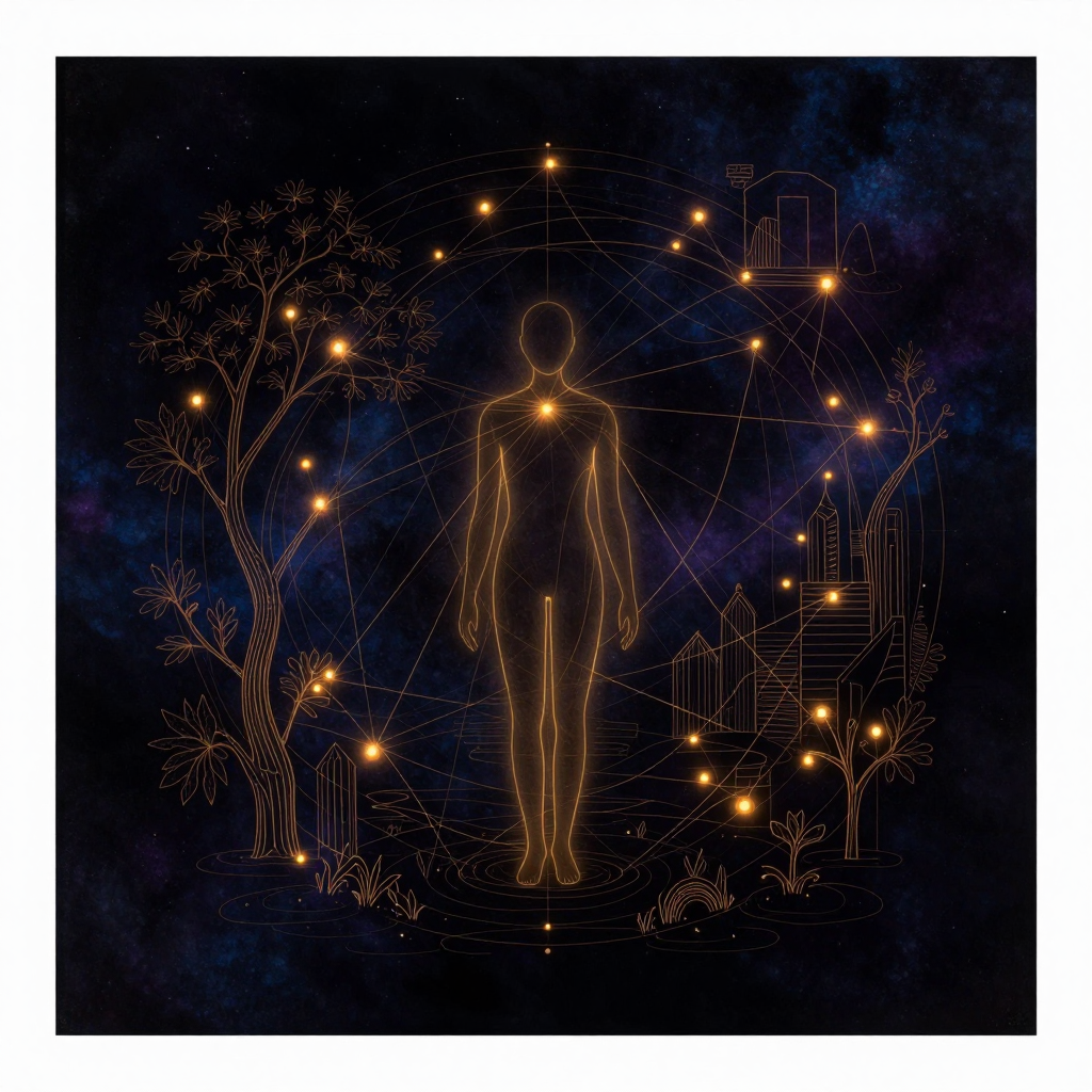 环境医学：一个简洁的人体轮廓立在画面中央，周围环绕着代表自然的树木线条与代表城市建筑的几何块面，细密的能量流动线条在人体与环境要素