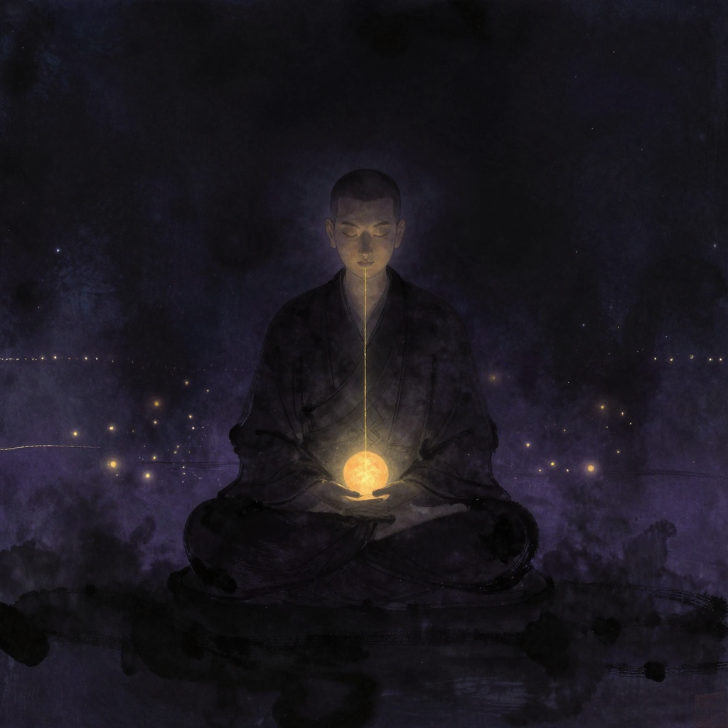 佛教正念：一位修行者端坐于蒲团之上，脊柱挺直，眼帘微垂，双手轻结定印置于腹前。面部沉浸在平静的专注中，四周归于大片空处，唯一细微气