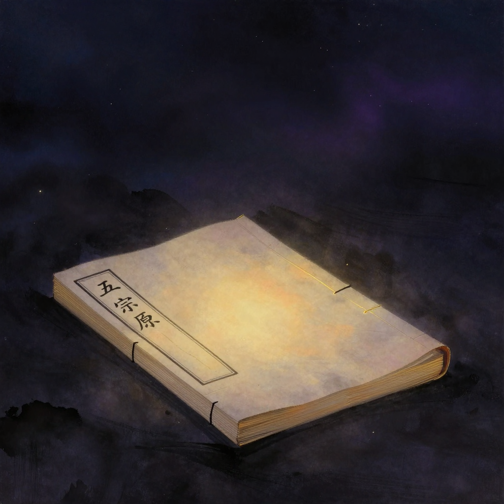 汉月法藏：一卷明代线装书平展于桌案，封面『五宗原』三字清晰可辨，周围大片留白，书页微微翘起的一角透出一处暖意