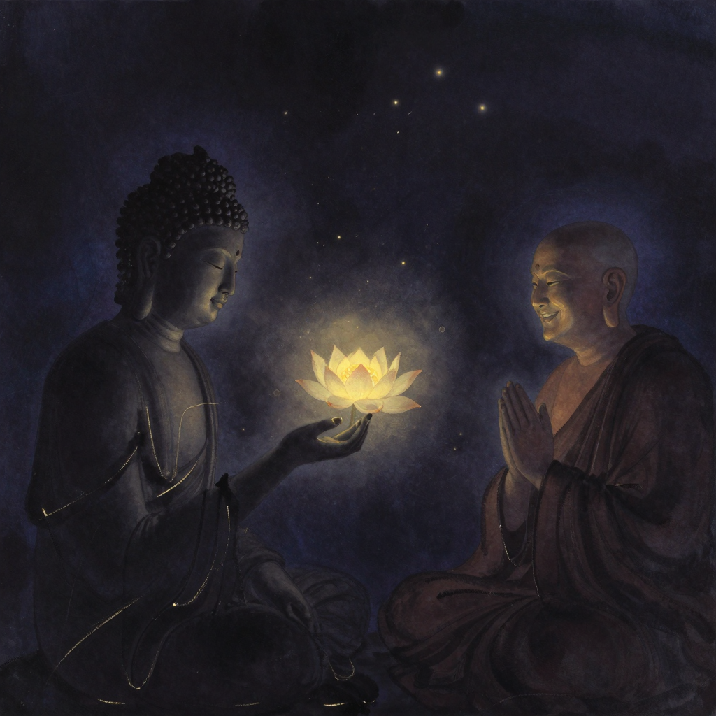 唐宋禅：佛陀以拇指与食指轻拈一朵盛开的莲花，迦叶尊者于一侧合十微笑，两人之间留出开阔的空处，莲花瓣尖透出一线微光