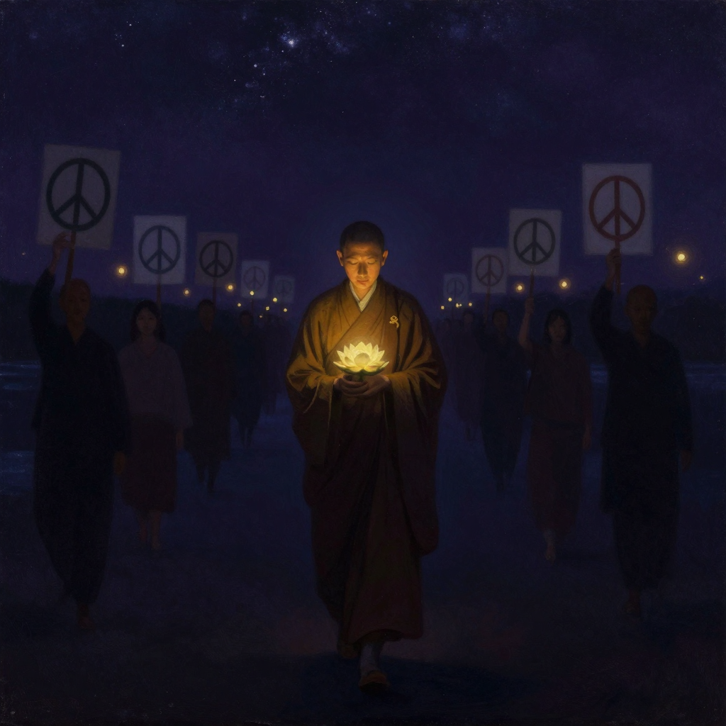 入世佛教：一行禅师身着简朴僧衣，手持一朵莲花缓步前行，身后跟随的人群举着和平标语，画面四周留白，禅师手中的莲是唯一的微光来源