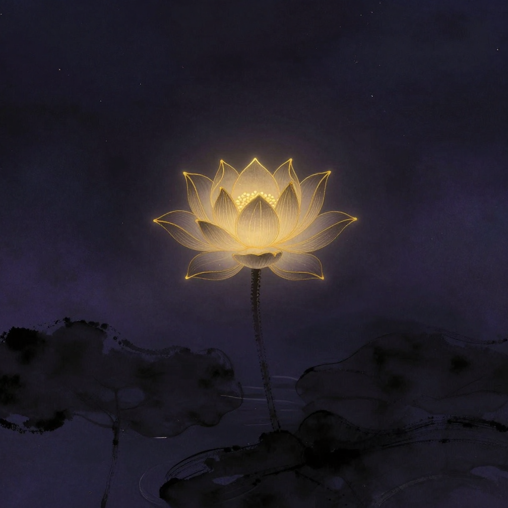 空有不二：一朵金线勾勒的莲花从深水中昂起，花瓣层叠具象而花心通透如空，茎干入水却不沾湿痕，孤立于大片空境中央