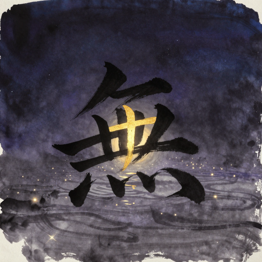 无门慧开：一张老宣纸上用粗犷笔触写着独一个醒目的『无』字，墨色浓重笔势遒劲，四周大片留白，宣纸边缘略有自然破损