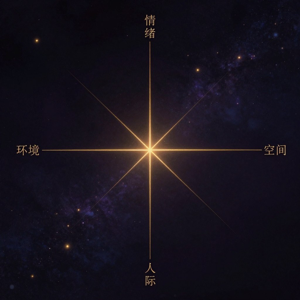 双轴觉察：一个垂直轴与水平轴交叉的清晰坐标系悬浮于空处，垂直轴标注身体/情绪/思维层次，水平轴标注环境/人际/空间维度，两轴交点透
