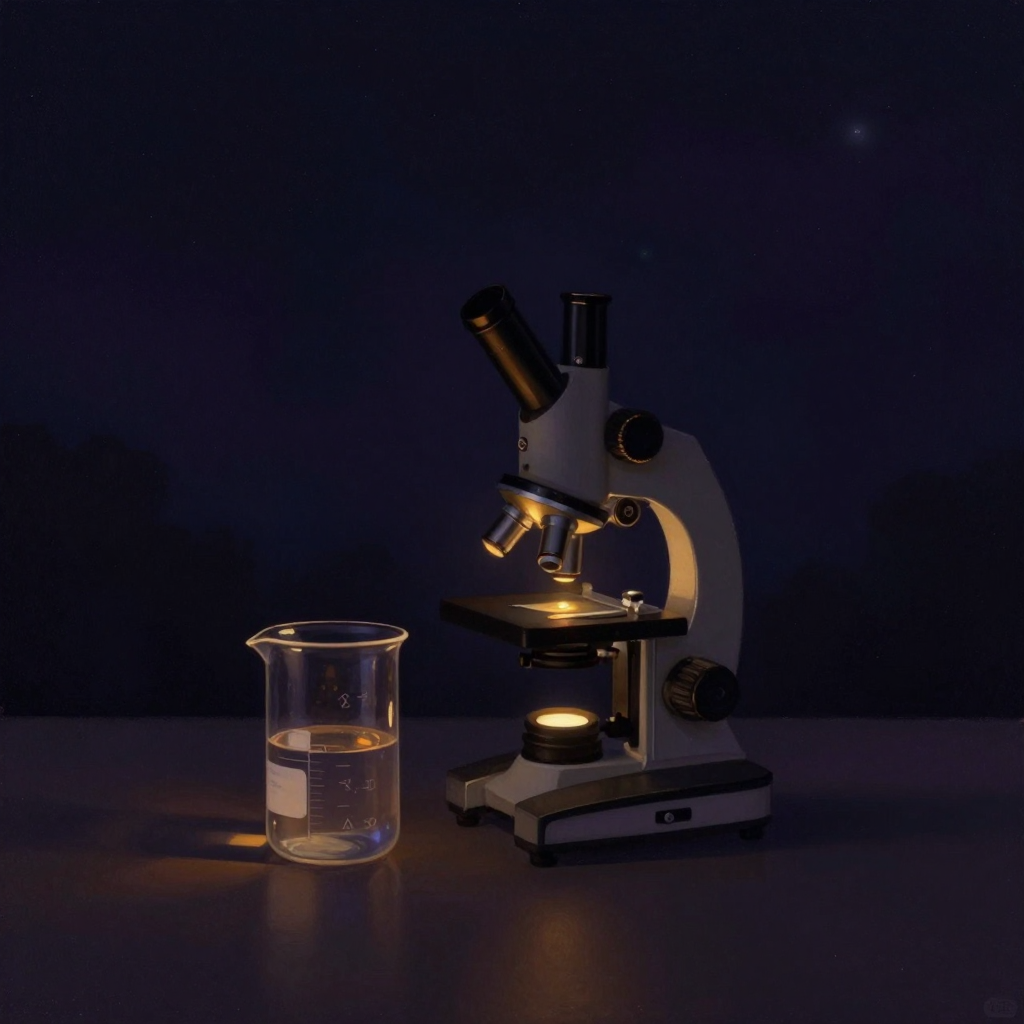 现代科学：一个玻璃烧杯与一台显微镜并置于实验台上，烧杯内盛有澄清液体，显微镜镜筒结构清晰可辨，二者构成画面主体，四周留白，显微镜目