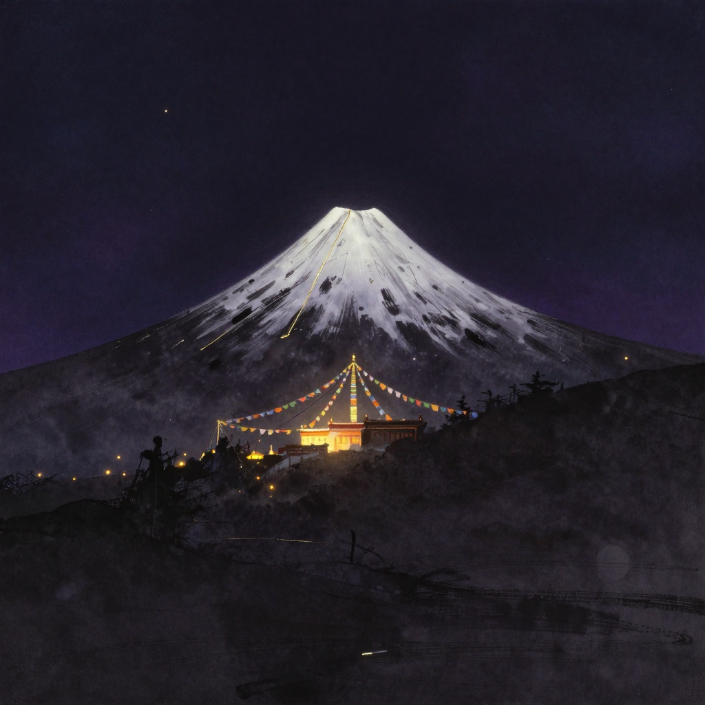 喜马拉雅：一座积雪覆盖的喜马拉雅锥形山峰占据画面主体，山腰间数道彩色经幡随风飘扬，山脚处一座小型喇嘛寺院轮廓隐约可见，建筑与经幡是