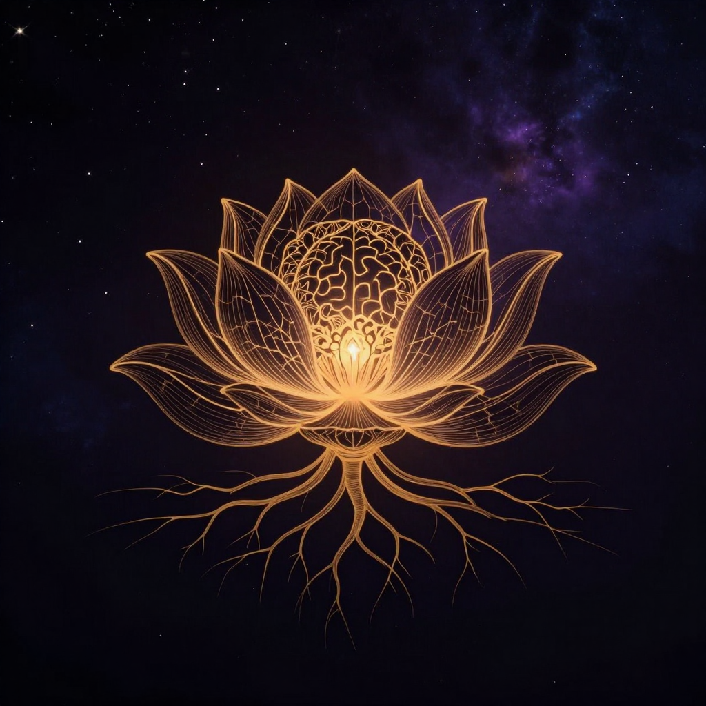 意识基础科学：一个由精确脑部扫描图构成的莲花，莲瓣纹理由前额叶皮层与杏仁核区域的神经图谱自然形成，根系舒展伸入下方空处，莲心位置透出一