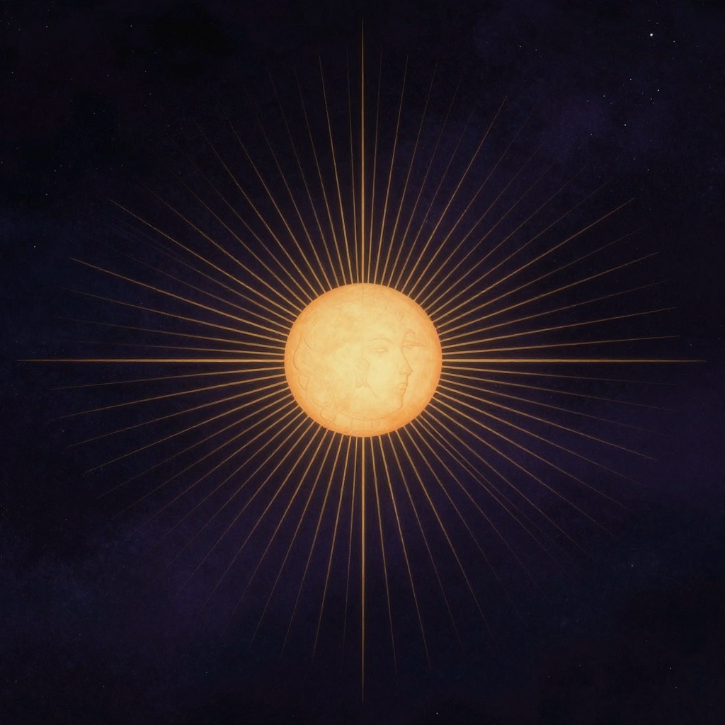 太阳能量：一轮纯净的日轮悬浮于大片空境中央，光芒呈精确的直线放射状延展，轮廓边缘清晰有力，日轮中心隐约有极细微的人面轮廓但不喧宾夺