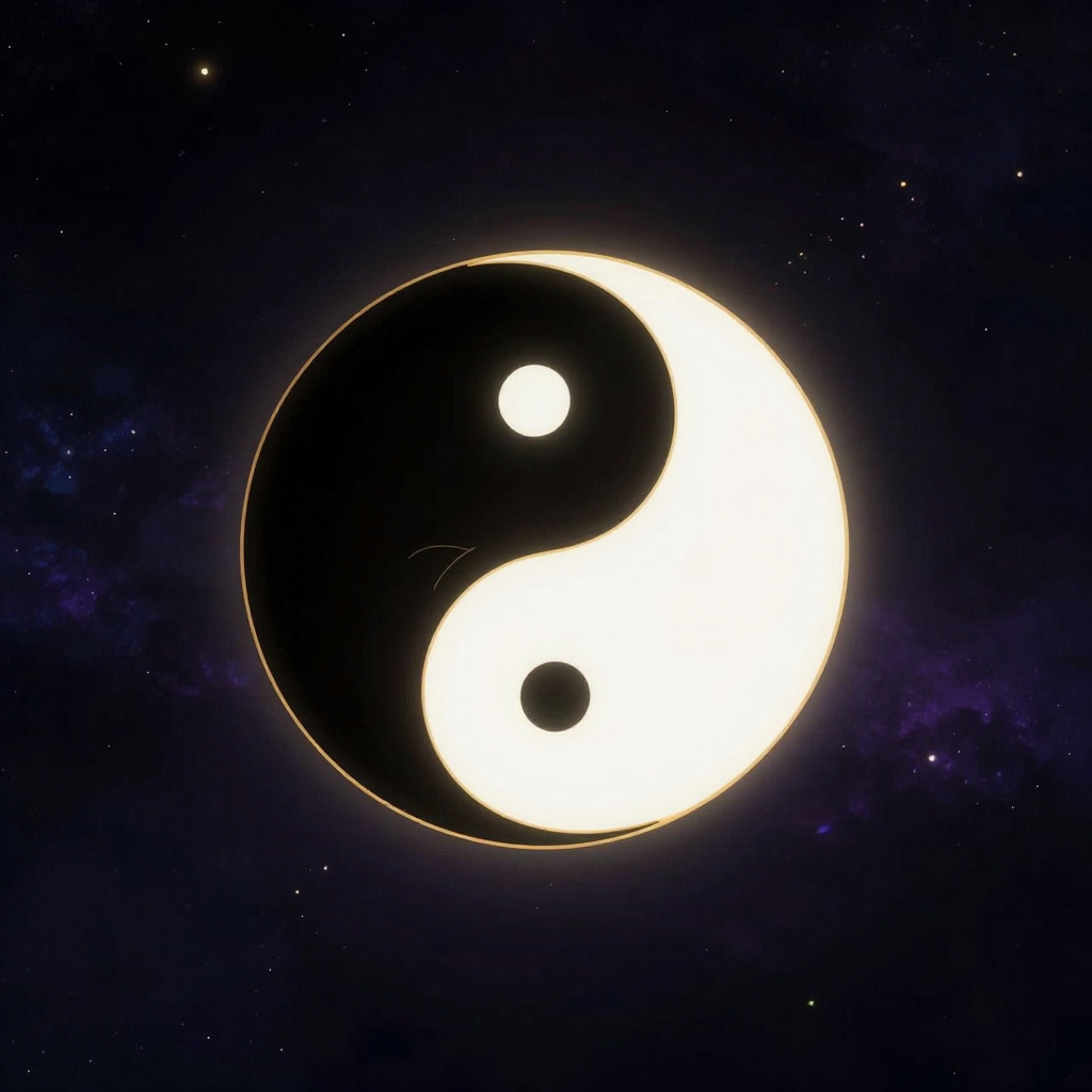 明暗交参：一幅太极图悬浮于空旷之中，一黑一白两条鱼形相互环抱游动，黑鱼含白点、白鱼含黑点，构成完美的动态平衡圆形