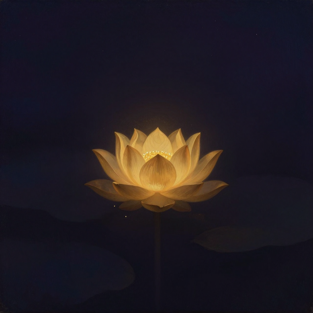 西方净土：一朵盛开的金色莲花居于画面中央，花瓣舒展饱满，莲心微微上扬，四周归于大片空处，莲台本身是画面唯一的微光来源