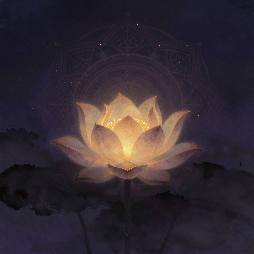 六支瑜伽：一朵六瓣莲花静静绽放于近景，每瓣轮廓清晰如阶梯层叠上升，中心花蕊处含藏一处微光，后方隐约可见藏式曼陀罗纹样虚化于空处