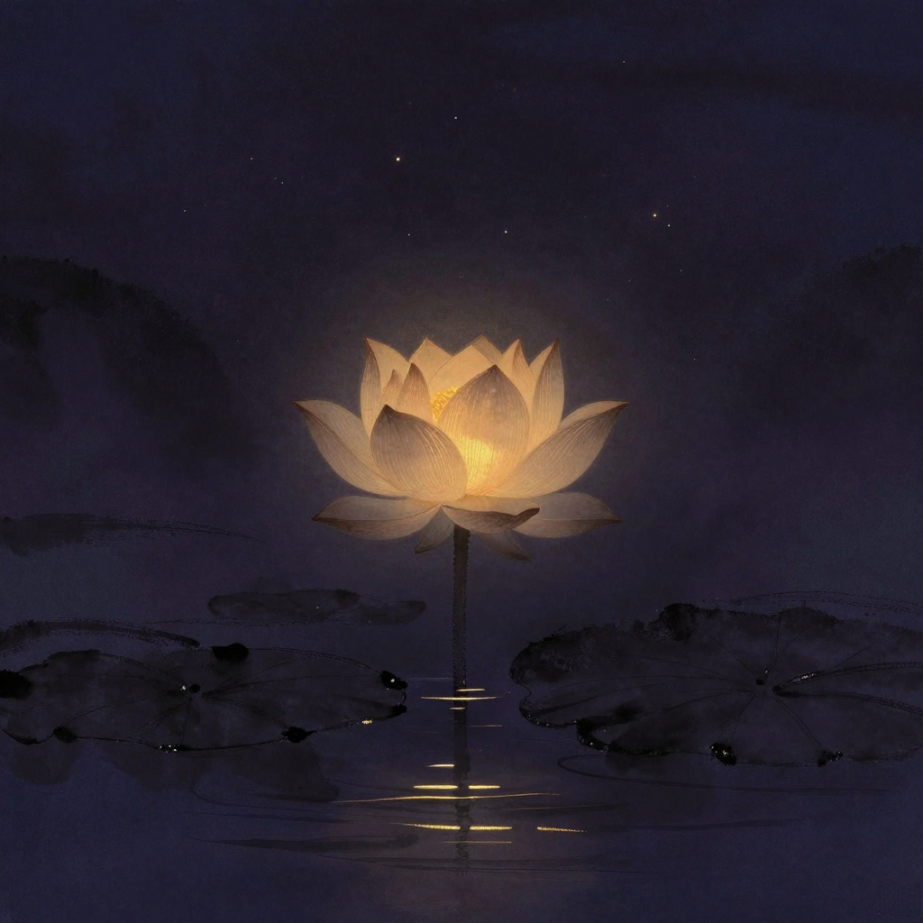 收摄：一朵半开半合的莲花立于平静水面，外层花瓣微张，内层含蓄收拢，花心透出一处微光，四周空阔无物