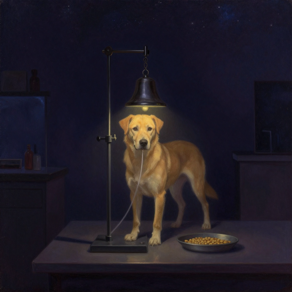 刺激：一只实验犬被固定在支架上，面前悬挂着一个金属铃铛，右侧的小托盘上放着食物颗粒，犬的唾液分泌导管清晰可见，整个装置处于实验