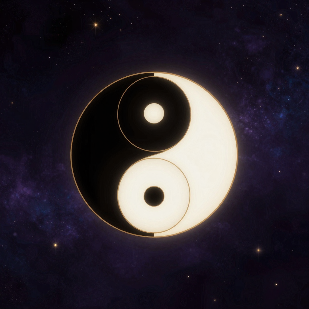 极性原理：一幅标准的太极阴阳图置于空旷中央，黑白色鱼形完美互抱形成圆形，黑鱼含白色圆点，白鱼含黑色圆点，边缘线条清晰流畅