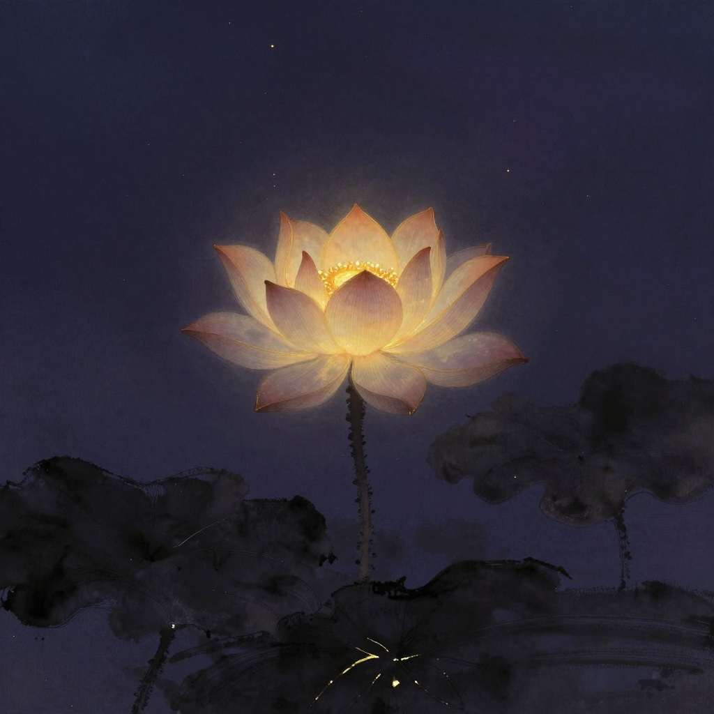 灵性复兴：一朵层次分明的莲花从深色淤泥中向上生长绽放，花瓣舒展动态，花心微光隐现，四周归于空境