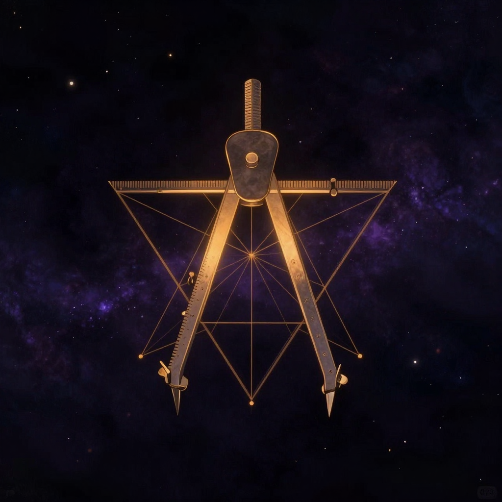 共济会：一把精准90度的钢角尺与上方张开的圆规构成六角星结构，置于近黑背景中央，两件工具交接处微微泛着一处暖光，角尺边缘刻有细密