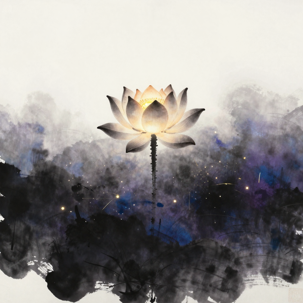突破：一朵莲花从淤泥中挺出水面，茎秆清晰可见，花瓣正从闭合状态层层舒展至完全开放，背景大片留白，花心蓄着一处柔和微光