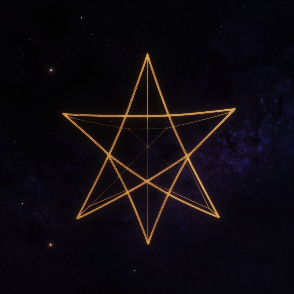 星形多边形：一个由完全笔直的线条构成的正五角星形悬于近黑背景中央，五个尖锐的角精确向外延伸，与内部正五边形形成完美对称的拓扑关系，线