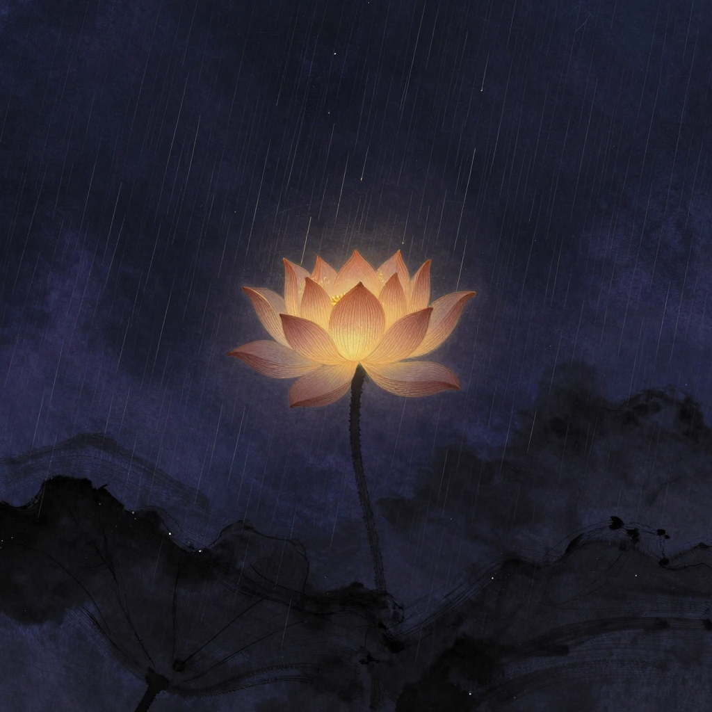 情绪自我调节：一朵直立的莲花立于狂风暴雨之中，花瓣纹路清晰稳定，周围雨水如斜线划过长空，莲心是画面唯一的微光来源