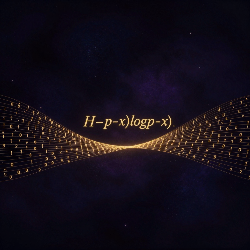 香农：一片由0与1组成的数字串如河流般水平流动，中央悬浮着精确的香农熵公式H=-Σp(x)logp(x)，公式线条略微亮于背景