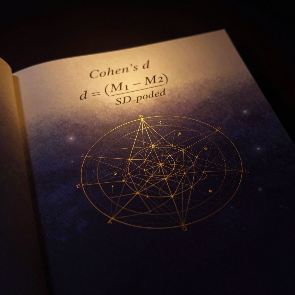 效应量：一张泛黄纸张上清晰呈现Cohen's d计算公式：d = (M1 - M2) / SD_pooled，三个关键数学符号形