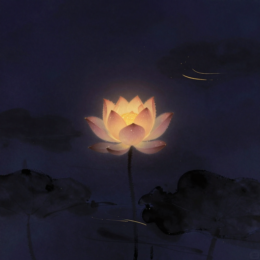 慧根：一朵未完全绽放的莲花立于水面，花瓣尖沾着晨露，花苞内隐约透出一处暖意，四周大片空寂水面