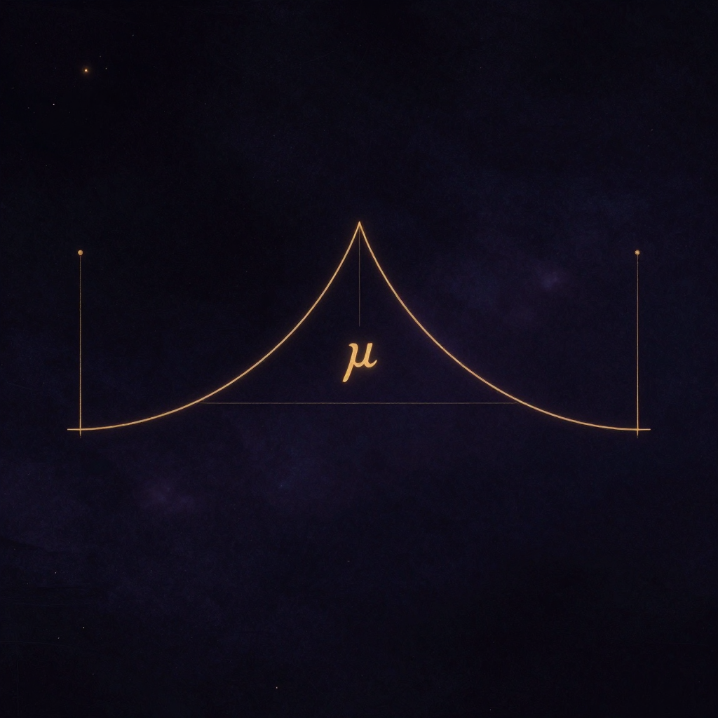 标准差：一条完美的钟形曲线悬浮于深色背景中央，曲线两侧对称延展，中央最高点下方标注μ符号，两侧各一道垂直细线标示σ距离，余处归于