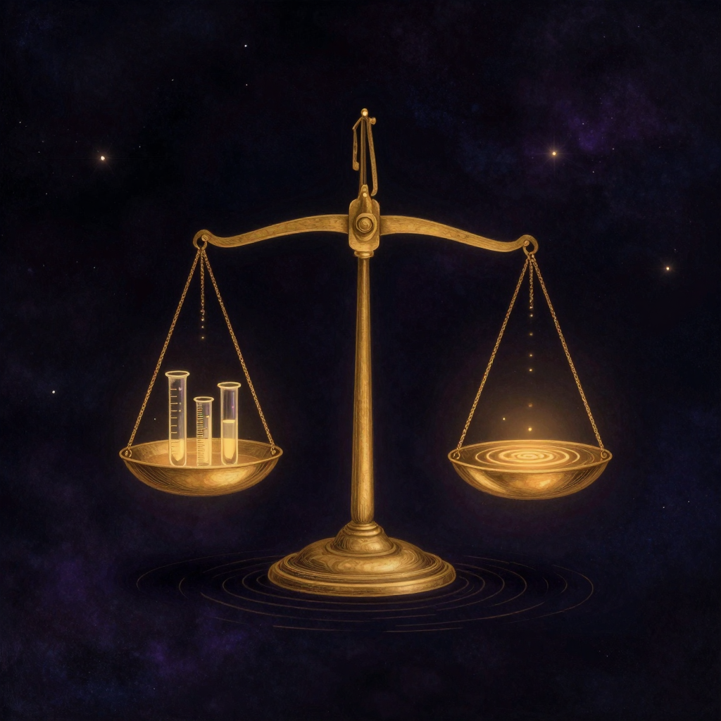 干预效果：一架黄铜天平悬浮于空处，左侧托盘盛放试管与刻度尺，右侧托盘泛起层层光纹涟漪，天平微微摆动保持动态平衡，托盘连接处透出一缕