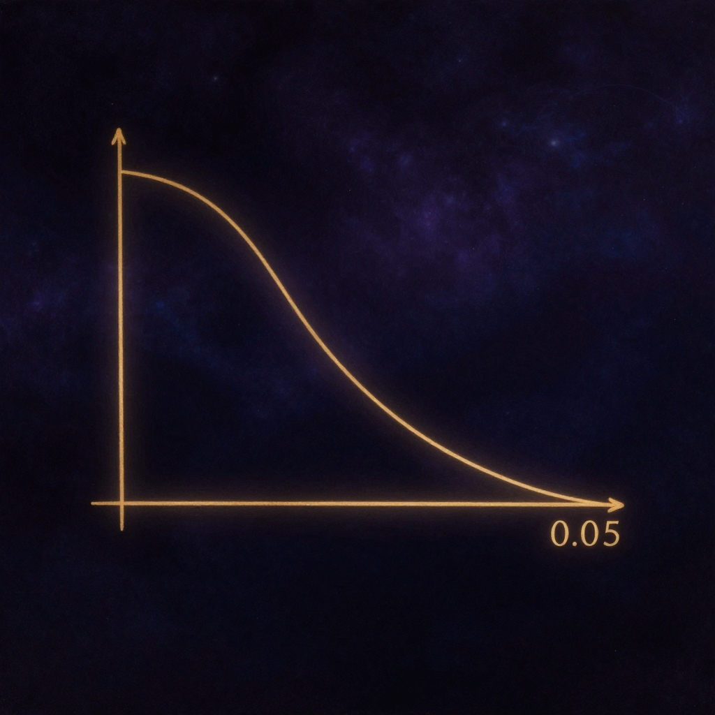 统计检验：一张学术羊皮纸上绘制着经典的p值概率曲线，左侧是理论假设分布，右侧尾部标记实际观察值，一条清晰的垂直线标注0.05显著性