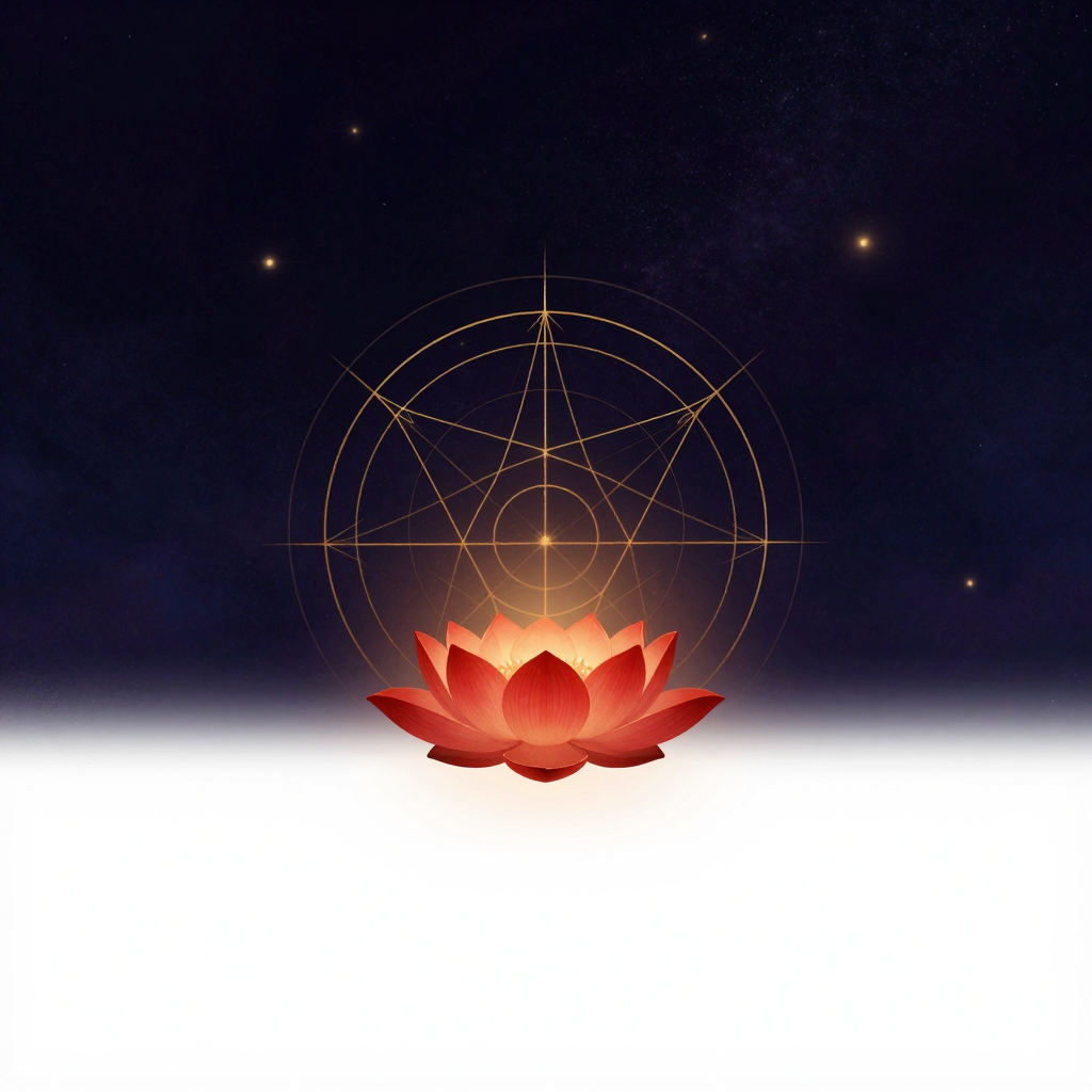 Muladhara：一朵四瓣红色莲花在脊柱底端位置绽放，莲瓣轮廓清晰，立于大片留白的空处，莲心微微透出一处暖意