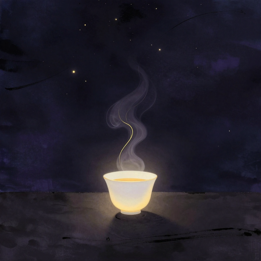 心智能力：一只素白瓷杯静置桌面，杯口腾起一缕纤细而清晰的蒸汽，在大片空处形成自然上升的轨迹，茶汽是画面唯一的动态元素