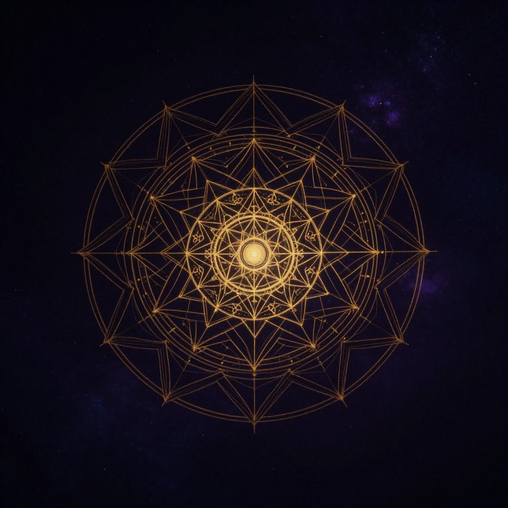 原型激活：一幅严格几何对称的曼陀罗图案居于画面中央，具有清晰的同心层次与辐射结构，中心点向外周延伸出精密纹样，四周大片留白