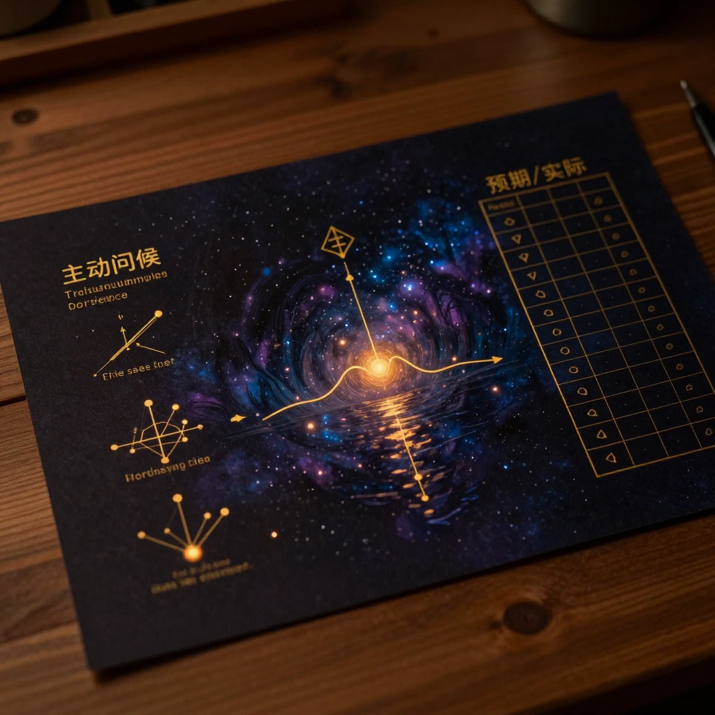 行为实验：一张泛黄的手绘实验图平铺于木桌，左侧标注'主动问候'的行为触发步骤，右侧是双栏对照表格'预期/实际'，中间用细箭头连接测