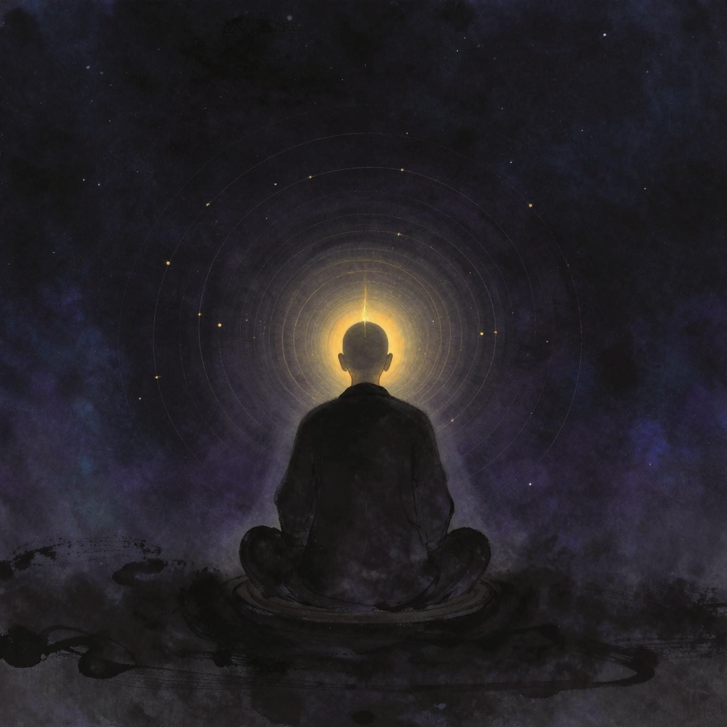 重复验证：一位背影端正的修行者盘坐于蒲团上，闭目专注于鼻端的呼吸气流，身后空气中有极淡的螺旋纹路暗示循环验证，四周大片留白，鼻端浮