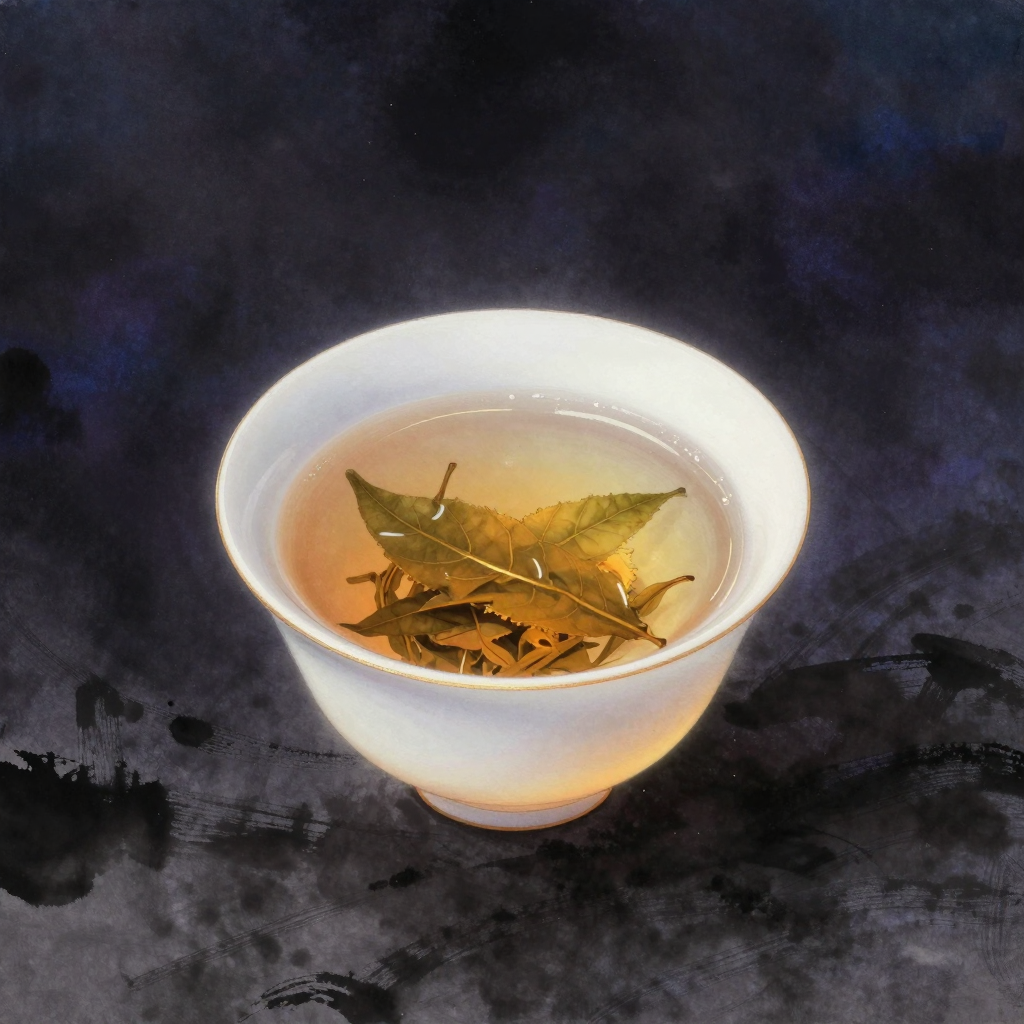 回互不回互：一只素白瓷盏盛着清透的水，一片茶叶在水中舒展开来，叶脉清晰可见，茶色渐渐晕染但叶片始终保持完整形态，盏沿处映着一道极细的